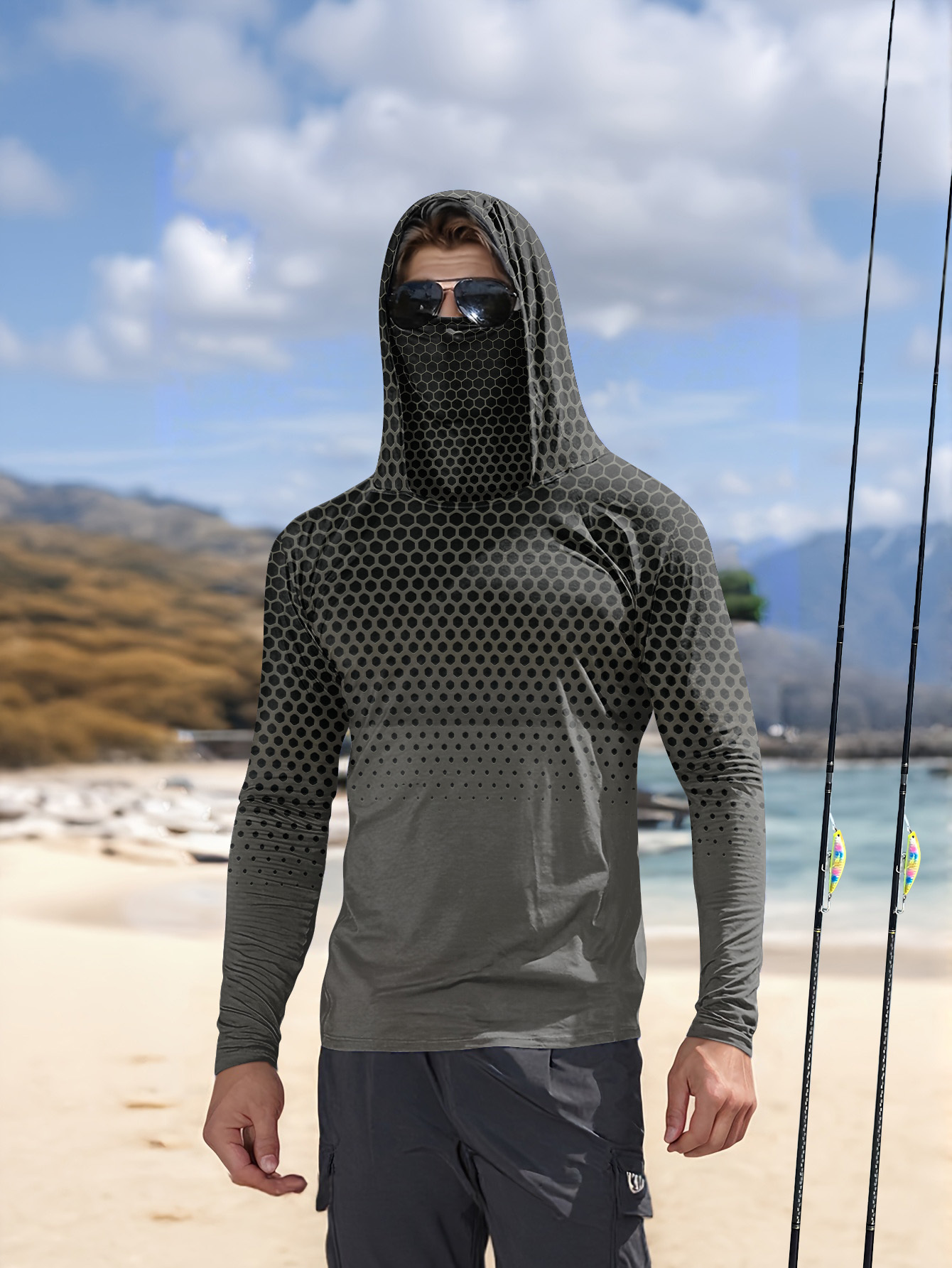 Grey Gradient Honeycomb Men Fi - Fishing Hoodie 评论和价格